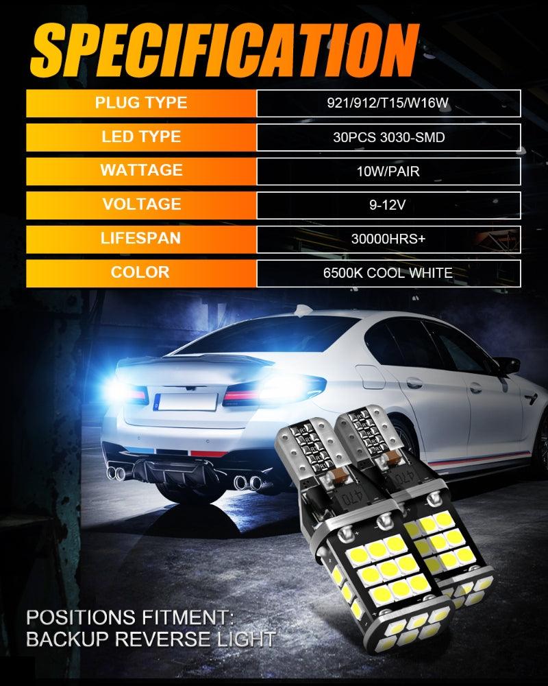 Auxbeam 912/921 T15 W16W LED Backup, Brake & Tail Light Bulbs – 10W, 6500K White, 300% Brighter, CAN-Bus Error-Free (2 Pack)