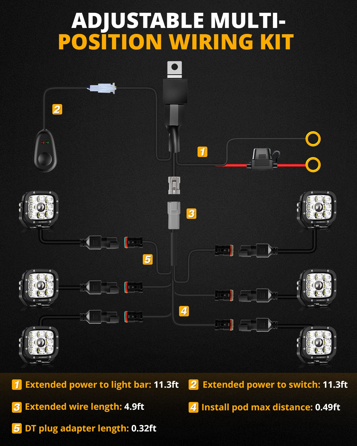 Auxbeam 6-LED Pod Light Wiring Harness Kit – 2-Pin DT Plug