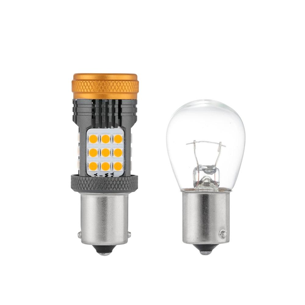 Auxbeam 1156 BA15S LED Turn Signal Bulbs (Front/Rear, Side Marker) – B21 Series, 56W, 600% Brighter, 3000K Amber, CAN-Bus Error-Free (2 Pack)