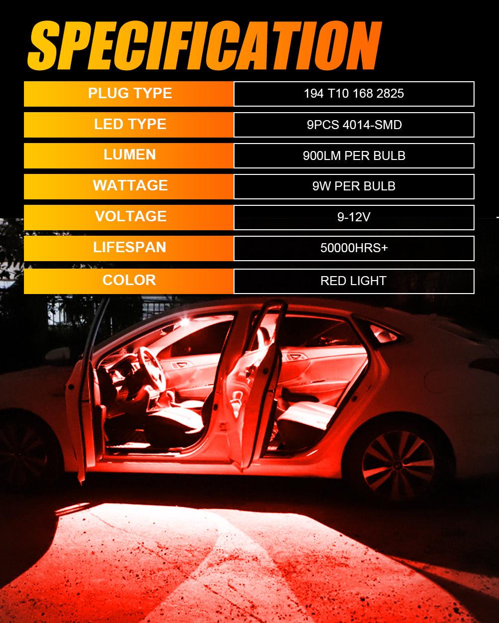 Auxbeam 168 / 2825 W5W T10 LED Interior Light Bulbs – 1.5W, Red, 300% Brighter (10 Pack)