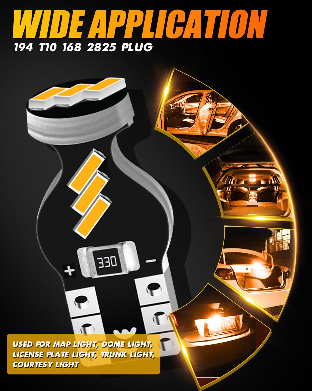 Auxbeam 168 / 2825 W5W T10 LED Interior Light Bulbs – 1.5W, 3500K Amber, 300% Brighter (10 Pack)