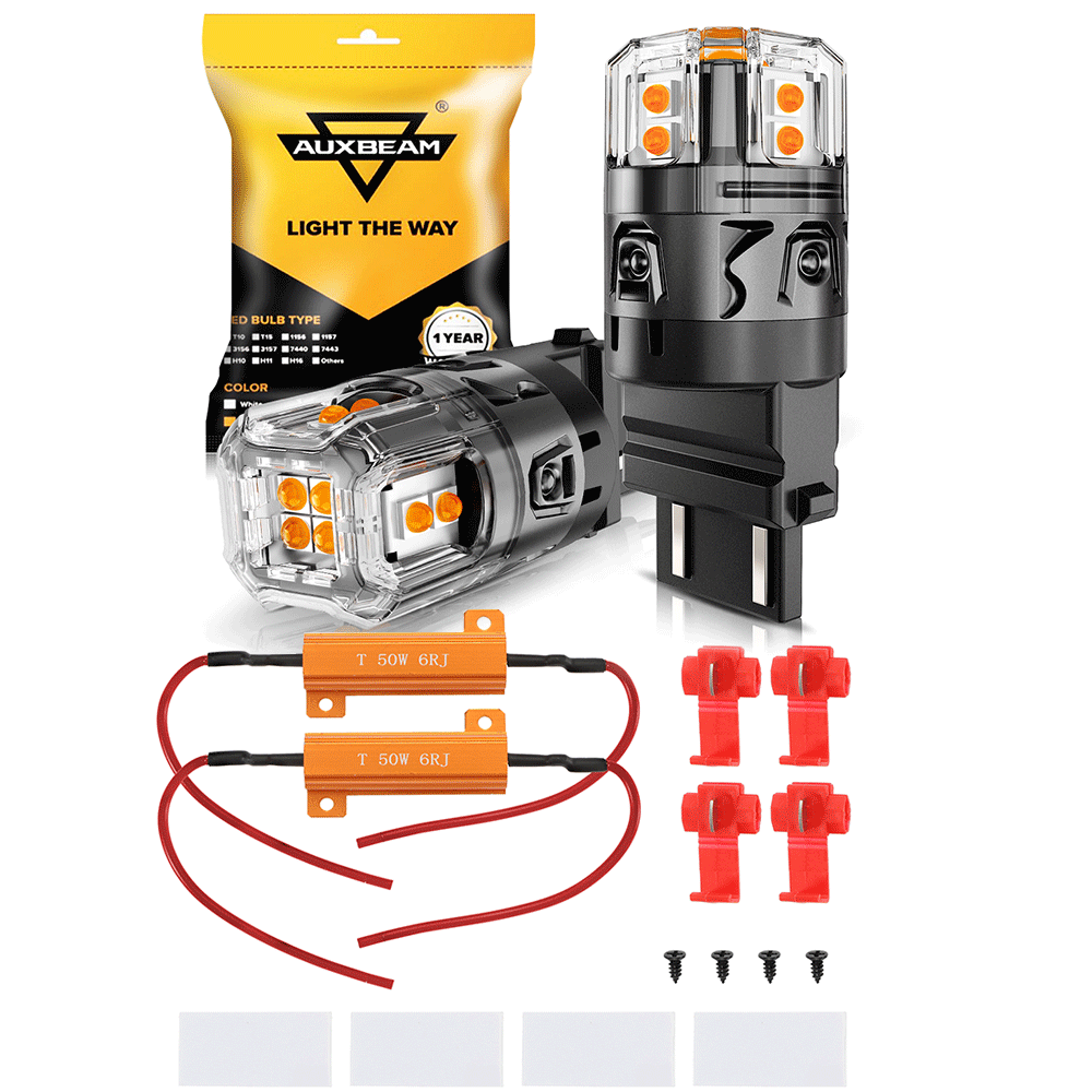 Auxbeam T25 / 3157 / 3156 LED Turn Signal Bulbs – B52 Series, Front/Rear & Side Marker Lights, 13W, 500% Brighter, 3000K Amber, CAN-Bus Error-Free (2 Pack)