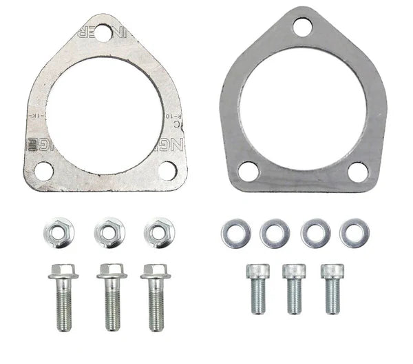 A set of metal gaskets and bolts for a vehicle's exhaust system, typically used for a front pipe installation.