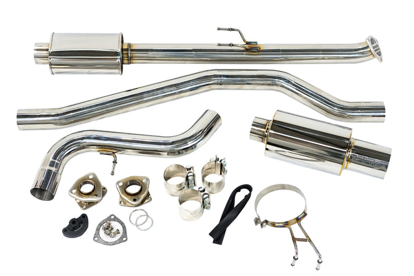 A stainless steel exhaust system upgrade kit for Honda Civic, including tubing, muffler, resonator, and hardware for installation.