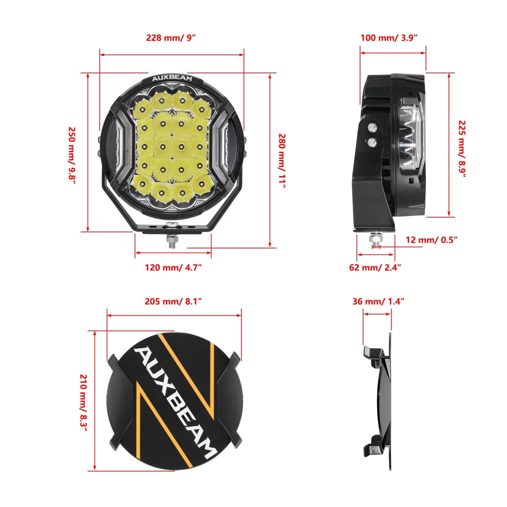 Auxbeam V-ULTRA Series 9" LED Side Shooter Driving Lights – 300W, White, Amber DRL