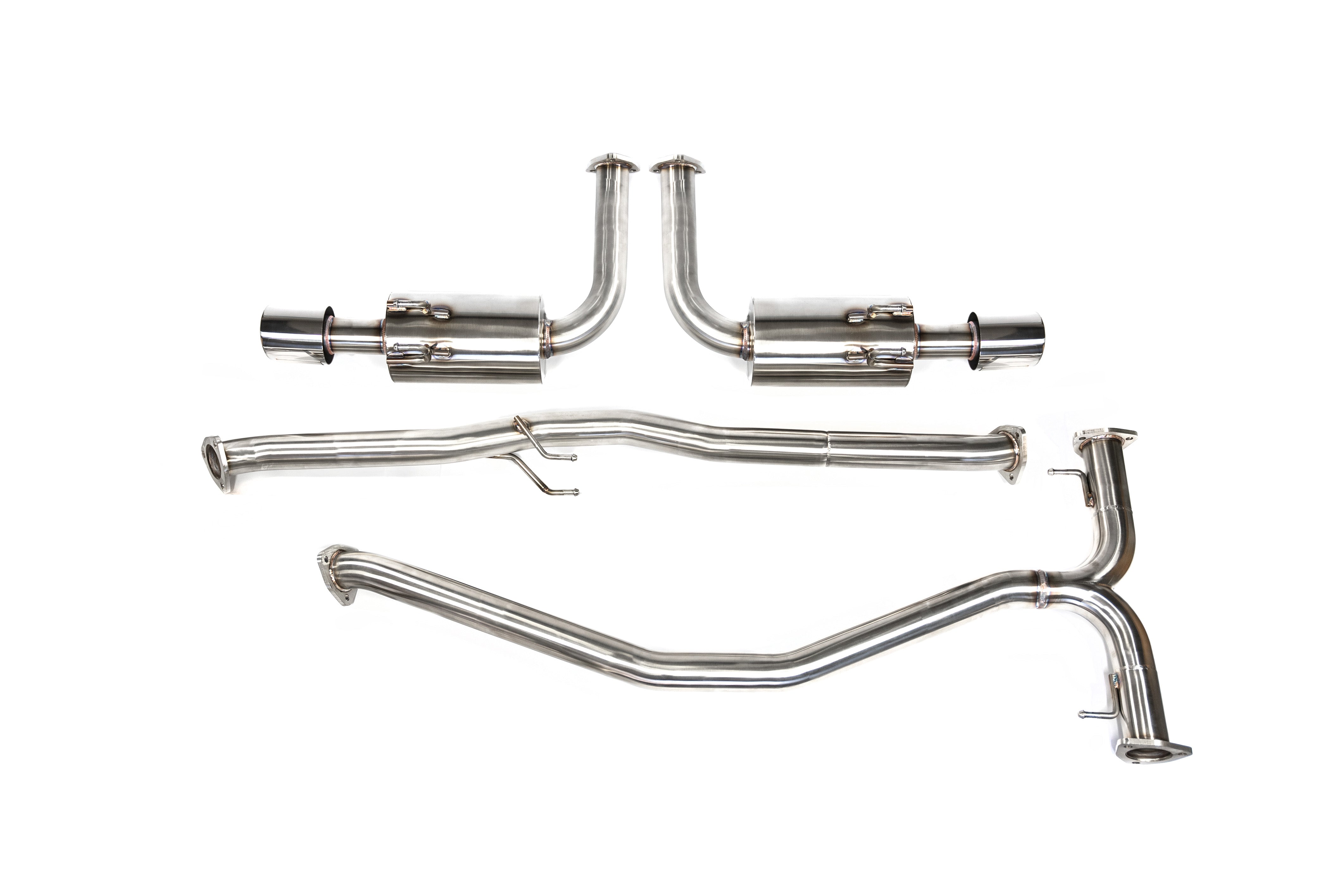 A stainless steel frontpipe back exhaust system for 2022+ Honda Civic Si and 2023+ Acura Integra 1.5T, featuring dual-tip setup.