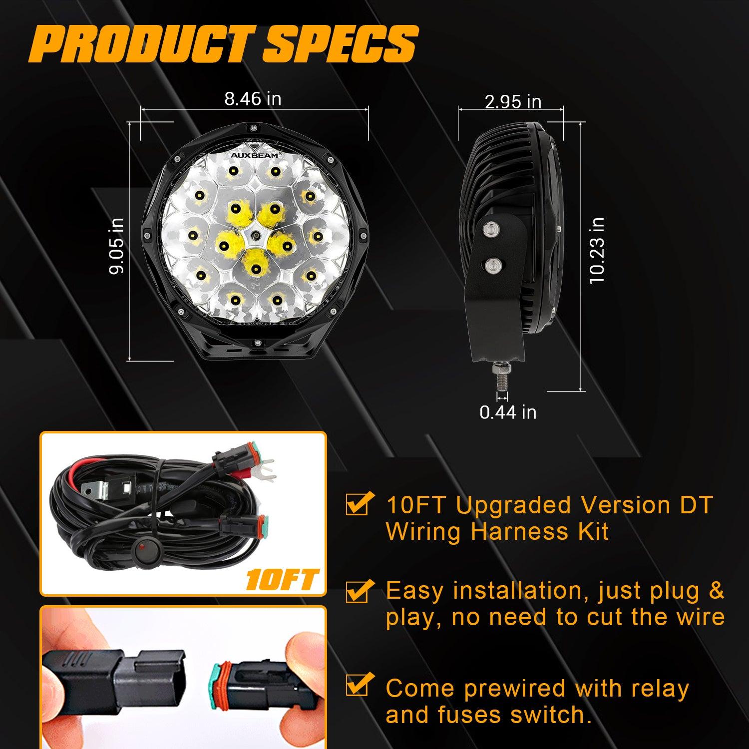 Auxbeam 8.5" 150W Round LED Driving Lights – Spot Beam, Off-Road (2 Pack)