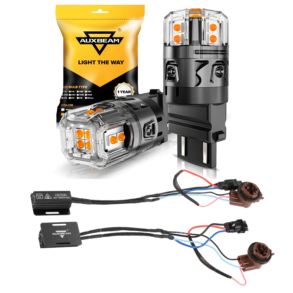Auxbeam T25 / 3157 / 3156 LED Turn Signal Bulbs – B52 Series, Front/Rear & Side Marker Lights, 13W, 500% Brighter, 3000K Amber, CAN-Bus Error-Free (2 Pack)