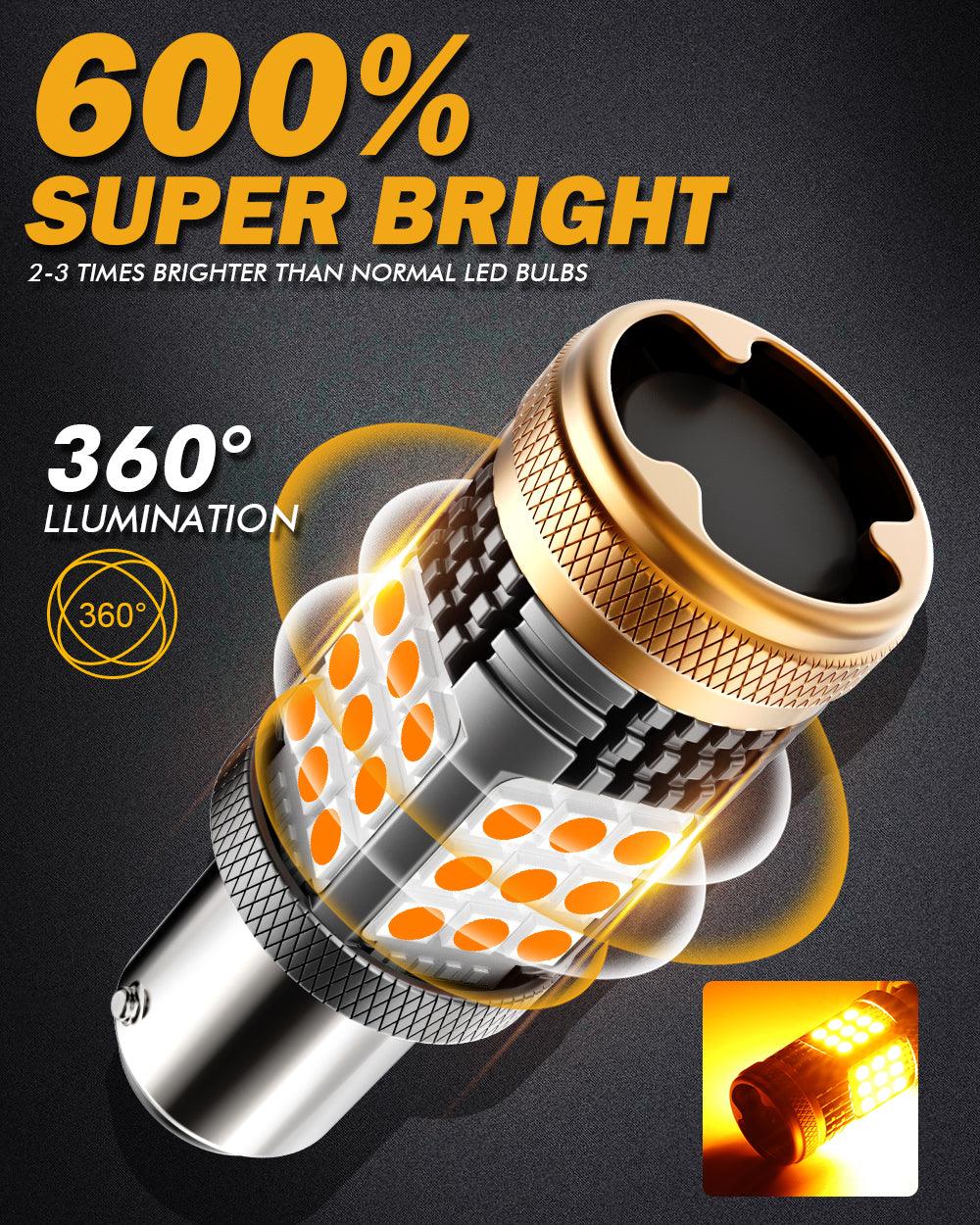 Auxbeam 1156 BA15S LED Turn Signal Bulbs (Front/Rear, Side Marker) – B21 Series, 56W, 600% Brighter, 3000K Amber, CAN-Bus Error-Free (2 Pack)