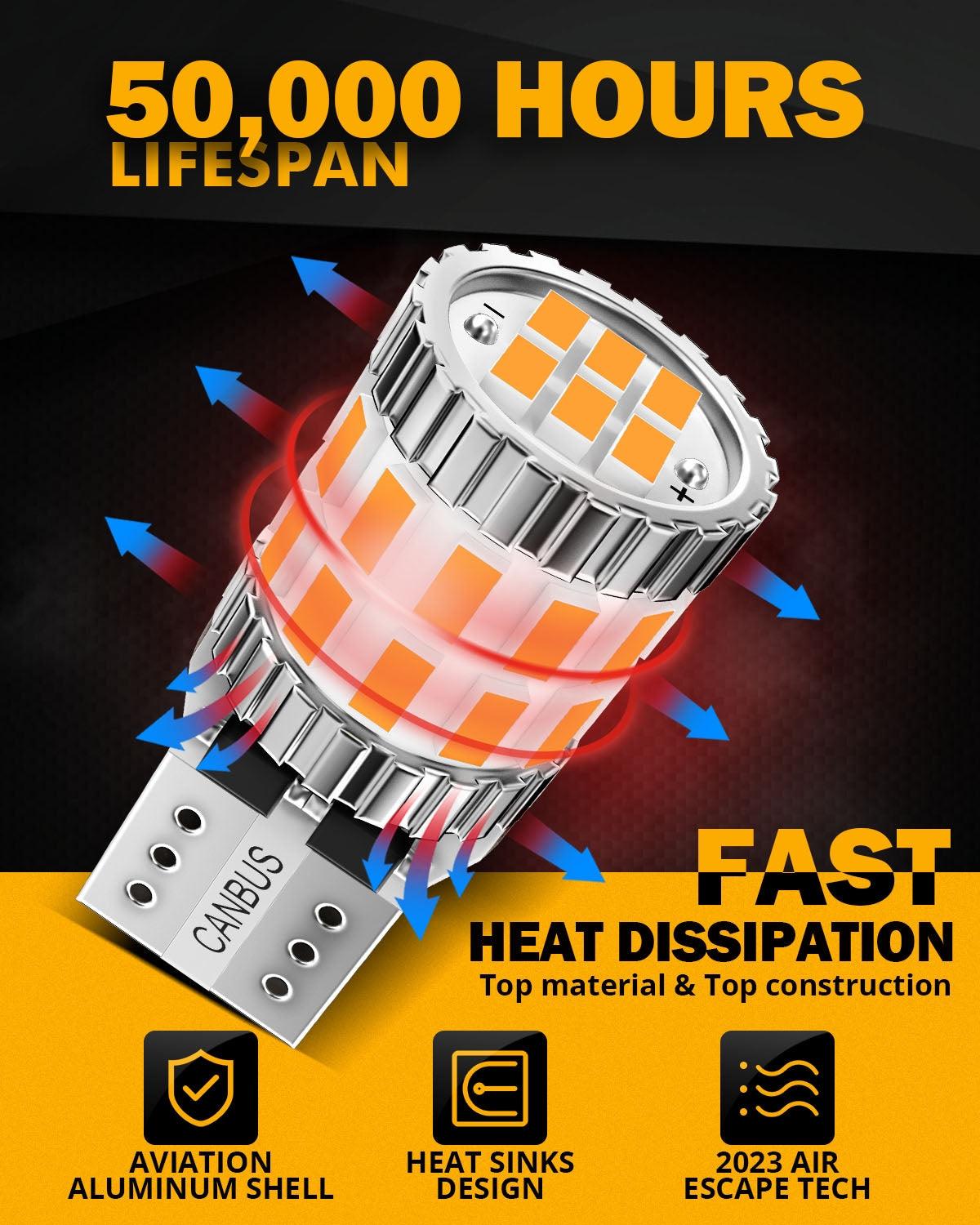 Auxbeam 168 / 2825 W5W T10 LED Bulbs – B1 Series, 3W, Amber, 400% Brighter, CANBUS Error-Free, License Plate / Side Marker / Interior Lights (2 Pack)