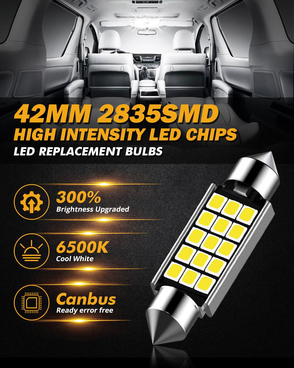 Auxbeam 41mm Festoon LED Interior Light Bulbs – 578 / 211-2 / 212-2 / 214-2, 2.7W, 500LM, 6500K White (2 Pack)