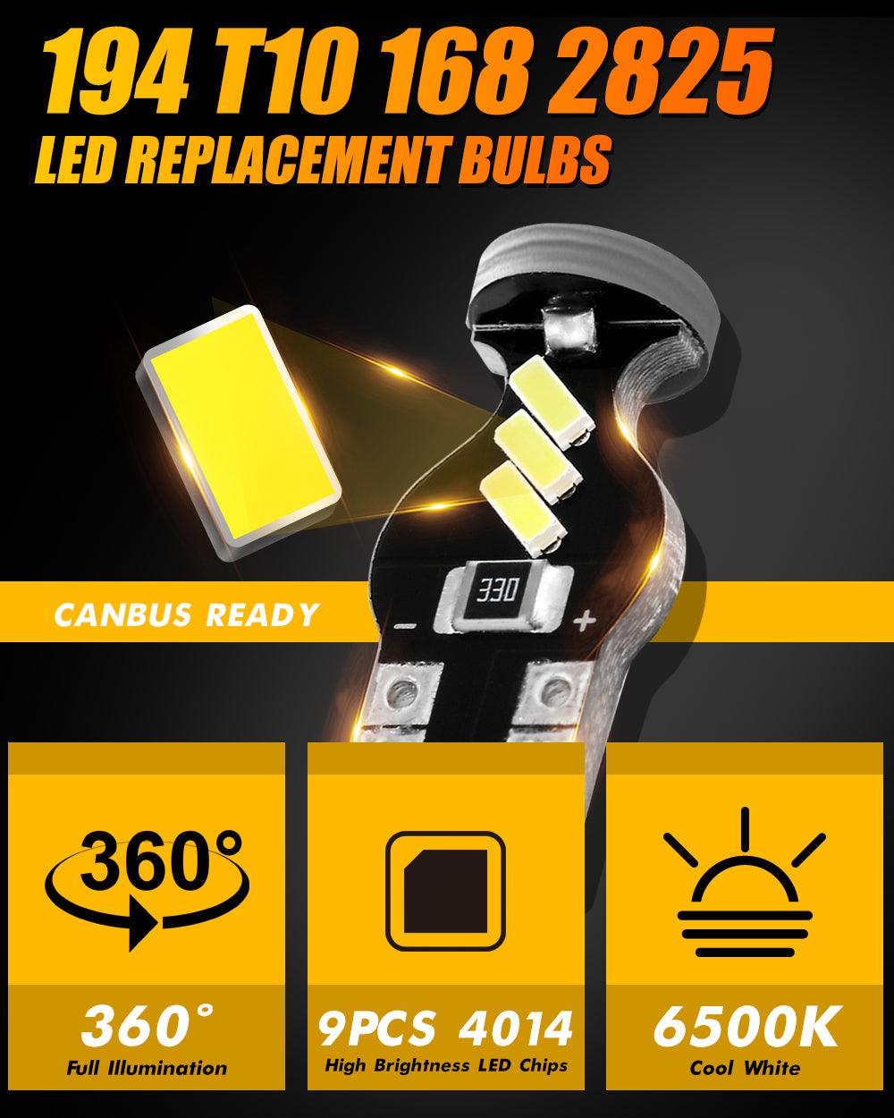 Auxbeam 168 / 2825 W5W T10 LED Interior Light Bulbs – 1.5W, 6500K White, 300% Brighter (10 Pack)