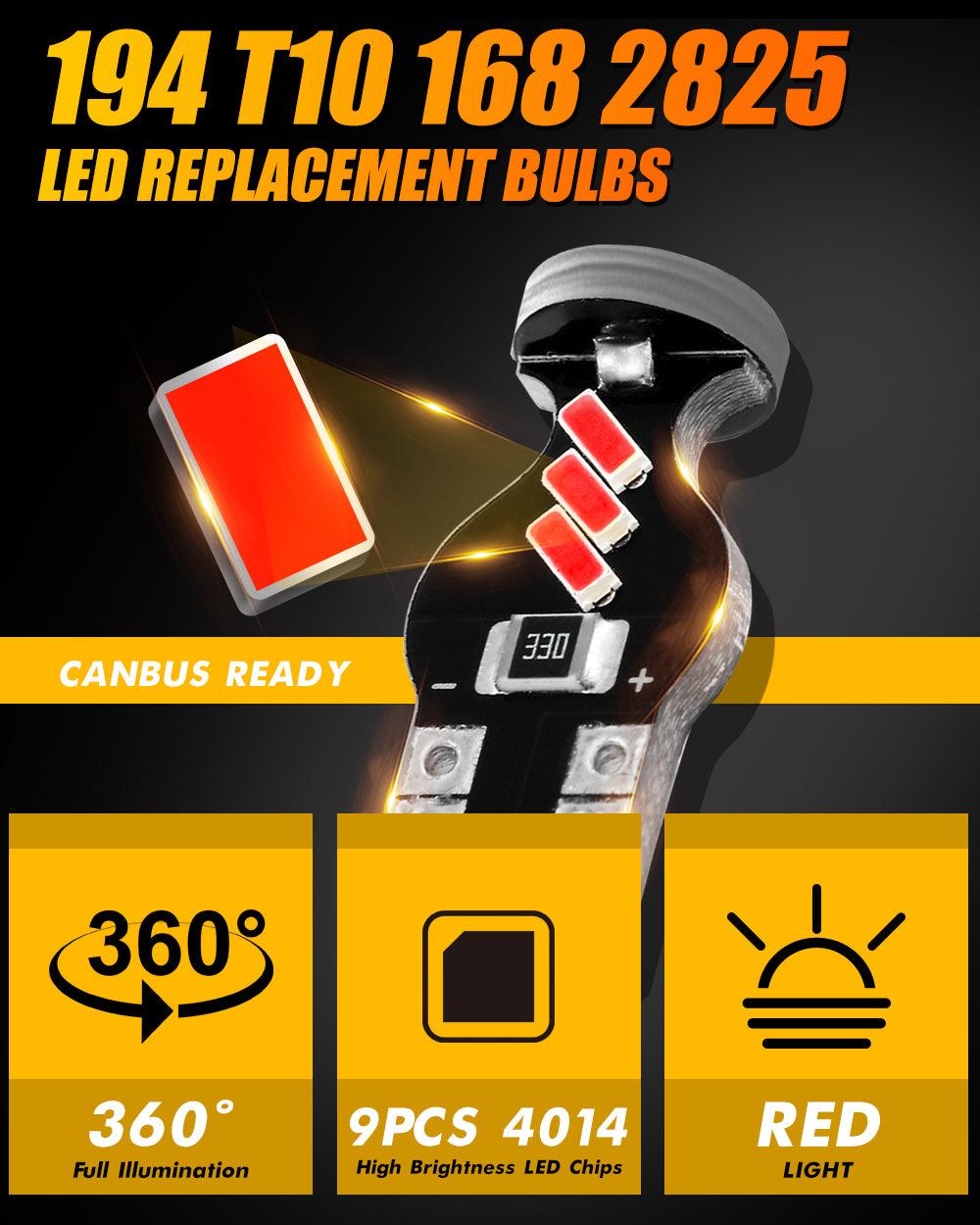 Auxbeam 168 / 2825 W5W T10 LED Interior Light Bulbs – 1.5W, Red, 300% Brighter (10 Pack)