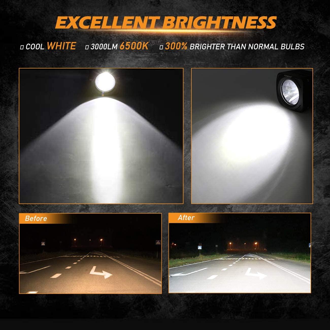Auxbeam 3.5" 50W LED Driving Lights – Round/Square Combo Beam, White/Yellow, with Wiring Harness for SUV, ATV, UTV, Trucks, Pickup & Boat