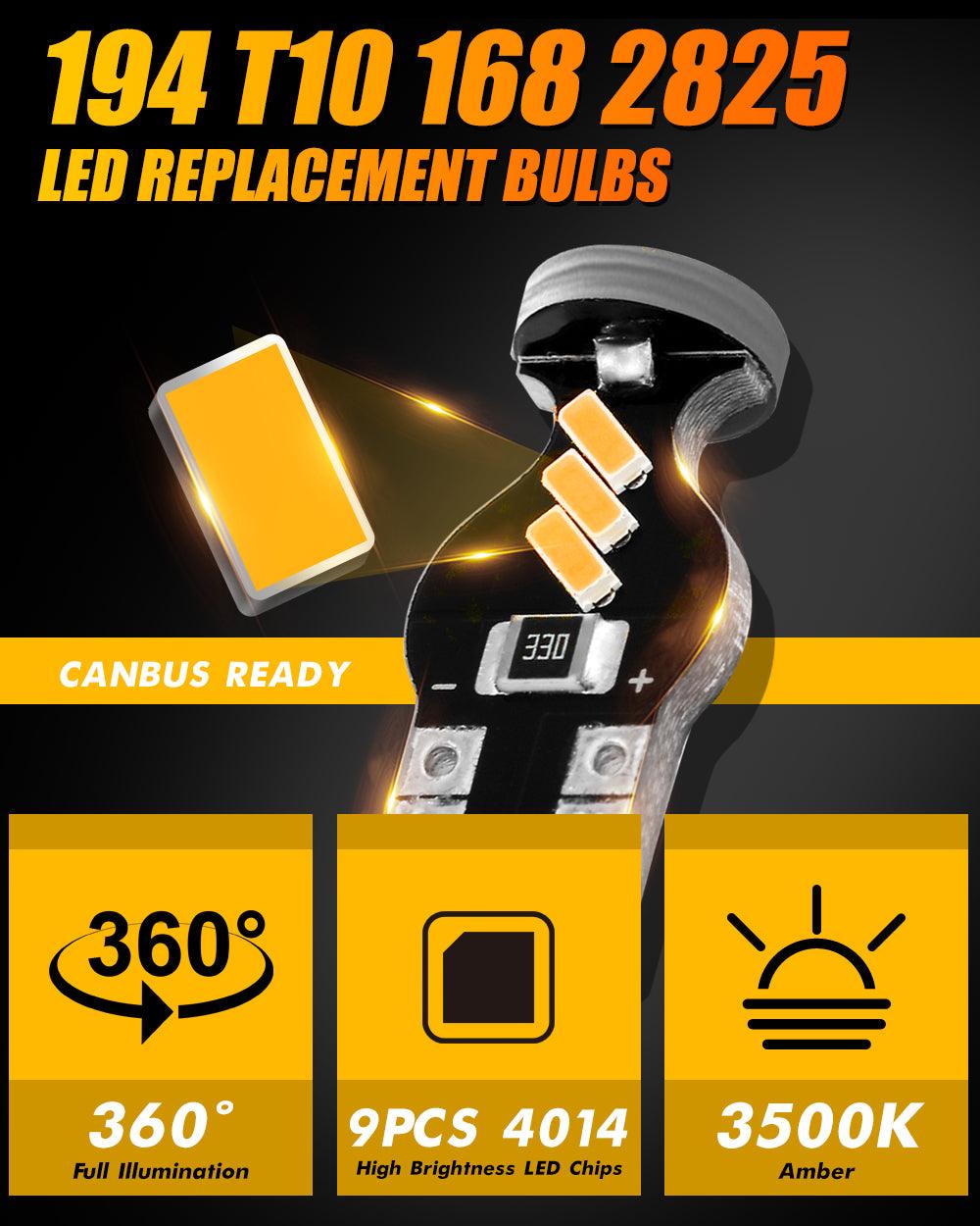 Auxbeam 168 / 2825 W5W T10 LED Interior Light Bulbs – 1.5W, 3500K Amber, 300% Brighter (10 Pack)