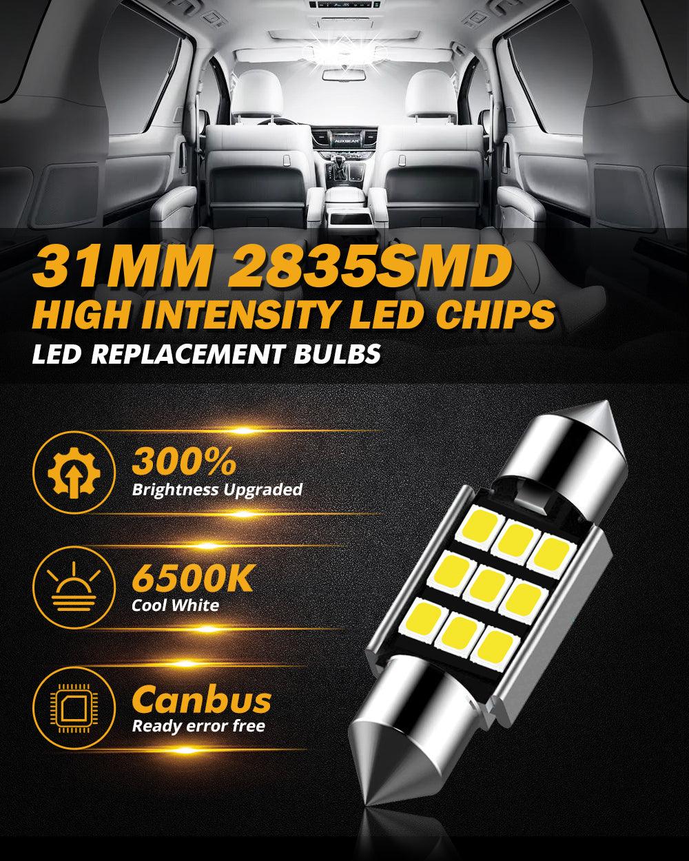 Auxbeam 36mm DE3174 Festoon LED Interior Light Bulbs – 2.7W, 300LM, 6500K White (2 Pack)