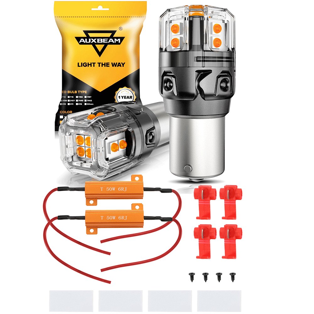 Auxbeam 1156 BA15S LED Turn Signal Bulbs – B52 Series, Front/Rear & Side Marker Lights, 13W, 500% Brighter, 3000K Amber, CAN-Bus Error-Free (2 Pack)