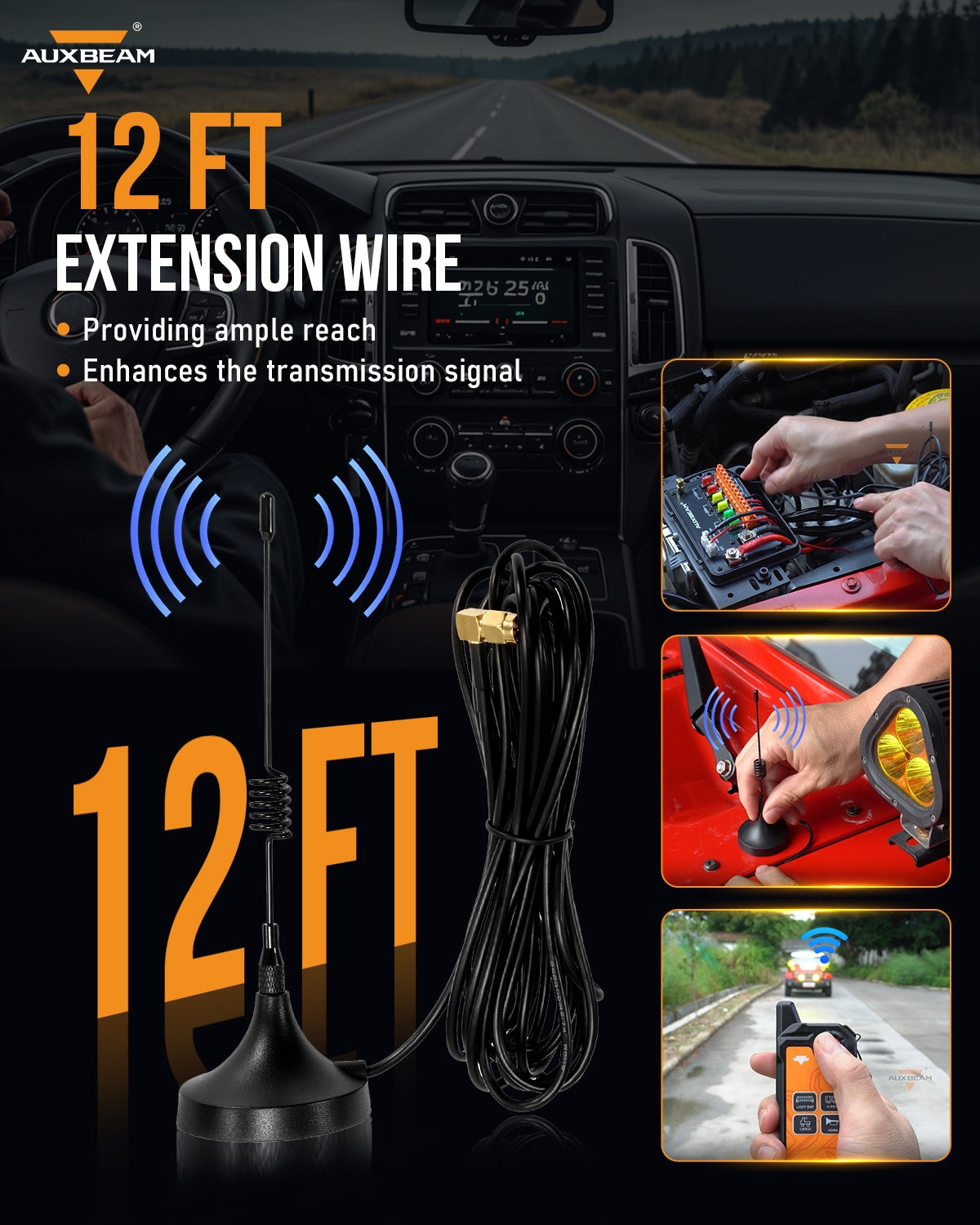 Auxbeam 3.6m/12ft Antenna with Magnetic Base for Wireless Remote Control Switch Panel RC-800/AC-800/AC-1200/AS-400/AS-600/AS-800