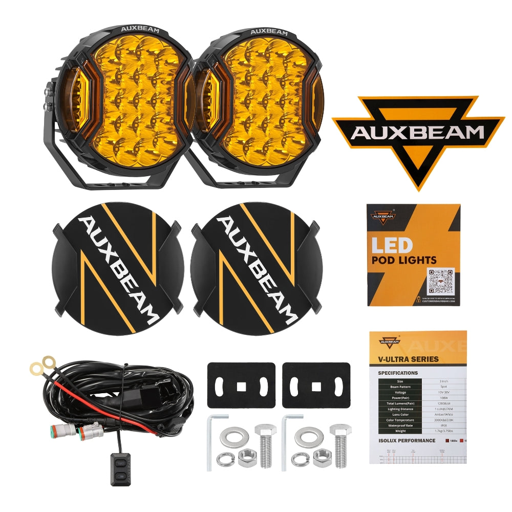 Auxbeam V-ULTRA Series 9" LED Side Shooter Driving Lights – 300W, Amber, Amber DRL