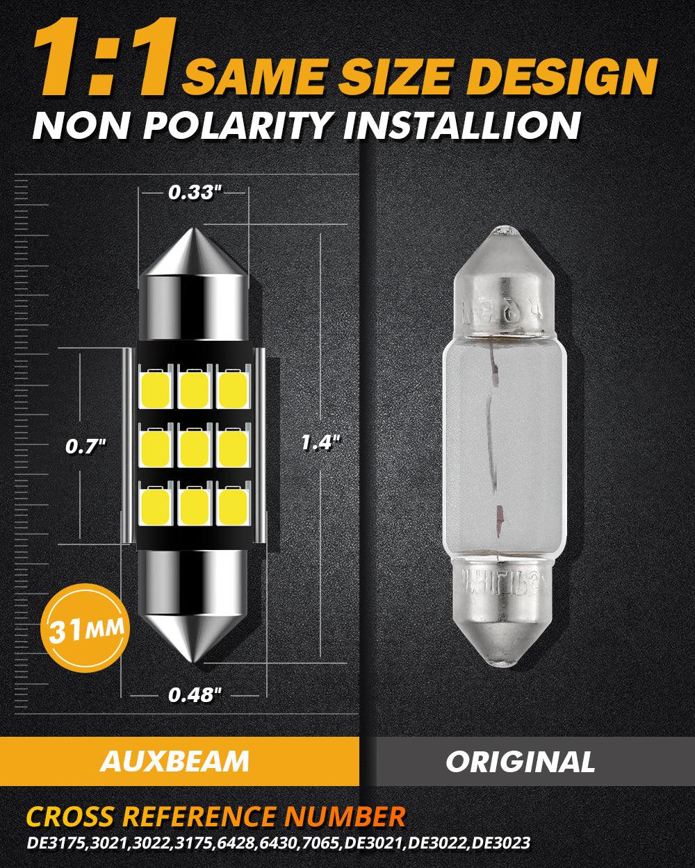 Auxbeam 36mm DE3174 Festoon LED Interior Light Bulbs – 2.7W, 300LM, 6500K White (2 Pack)