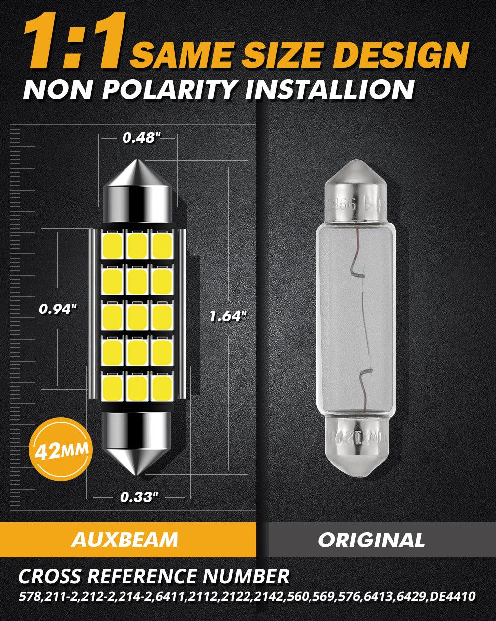 Auxbeam 41mm Festoon LED Interior Light Bulbs – 578 / 211-2 / 212-2 / 214-2, 2.7W, 500LM, 6500K White (2 Pack)