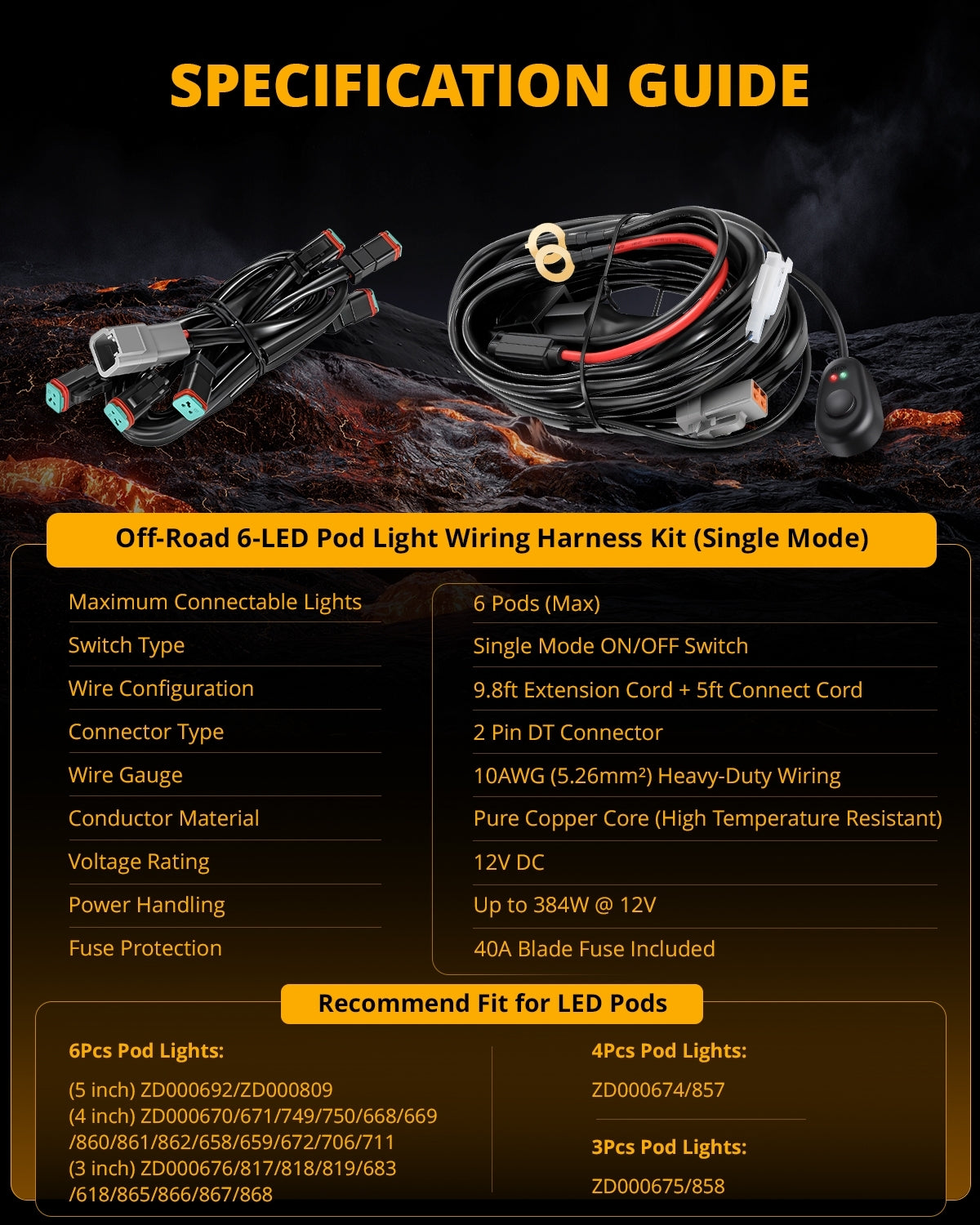 Auxbeam 6-LED Pod Light Wiring Harness Kit – 2-Pin DT Plug