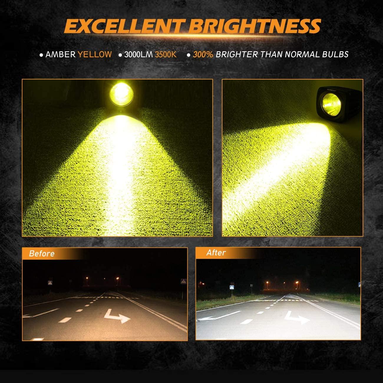 Auxbeam 3.5" 50W LED Driving Lights – Round/Square Combo Beam, White/Yellow, with Wiring Harness for SUV, ATV, UTV, Trucks, Pickup & Boat