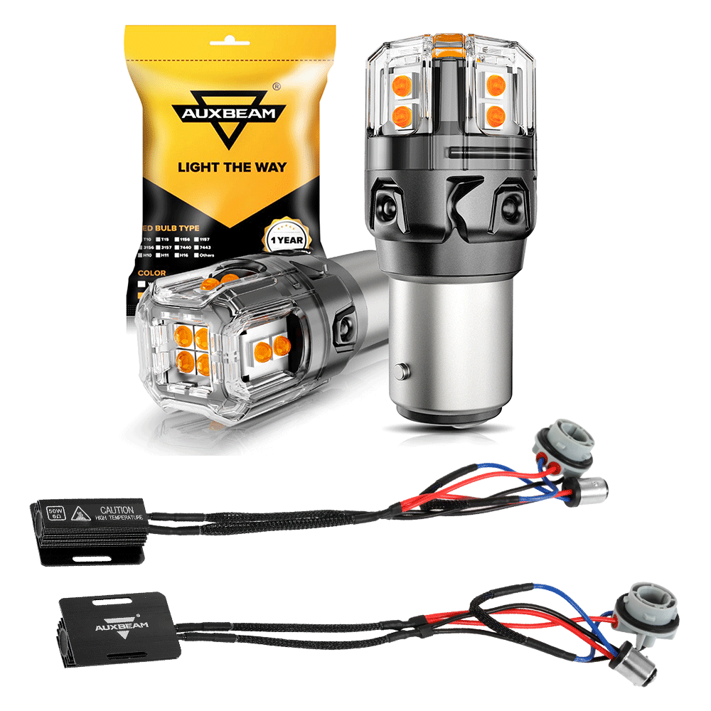 Auxbeam 1157 BAY15D LED Turn Signal Bulbs – B52 Series, Front/Rear & Side Marker Lights, 13W, 500% Brighter, 3000K Amber, CAN-Bus Error-Free (2 Pack)