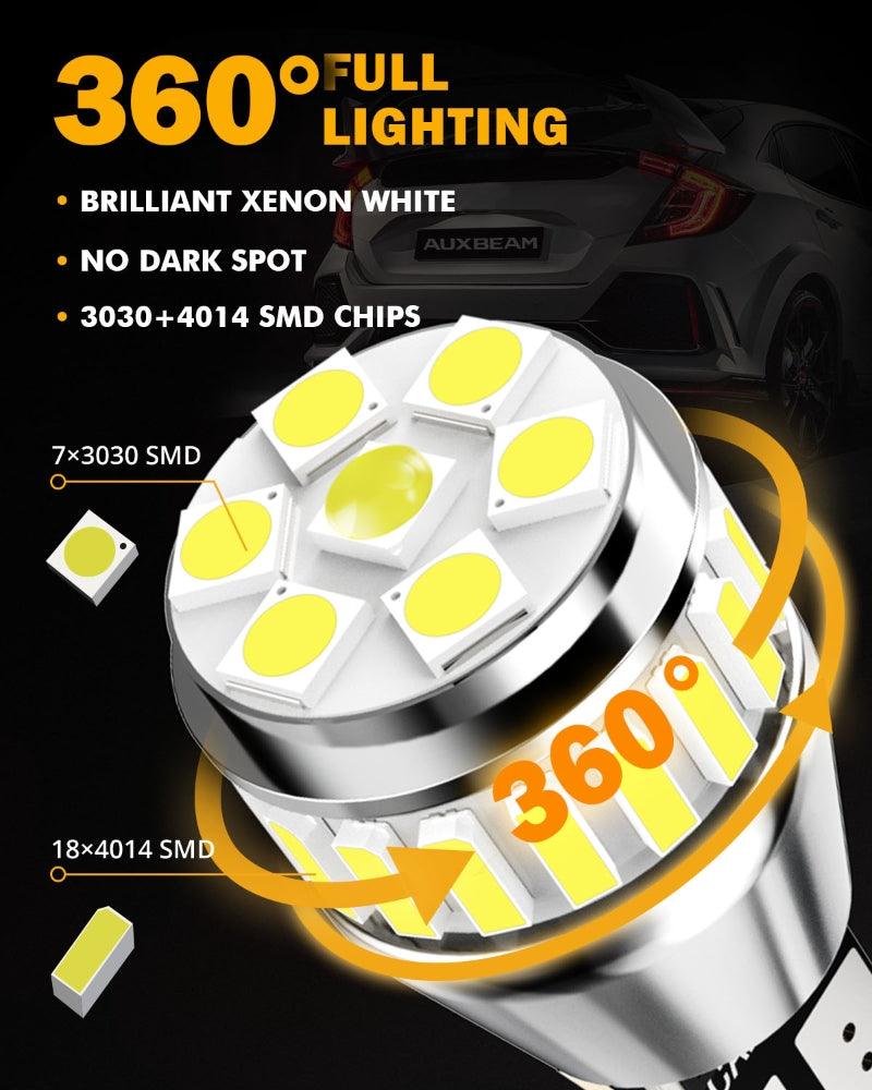 Auxbeam 912 / 921 T15 W16W LED Backup, Brake & Tail Light Bulbs – B1 Series, 10W, 4000LM, 6500K White (2 Pack)