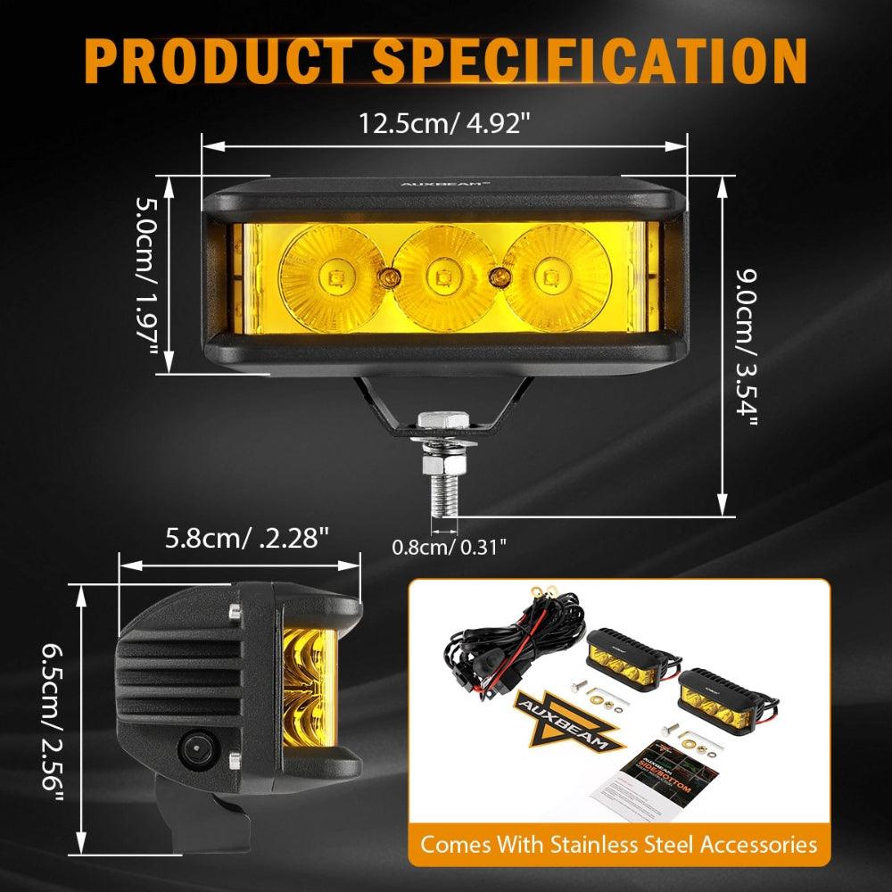 Auxbeam R5 Series 5" 68W LED Pod Lights – Amber Square, Side Shooter Spot Beam