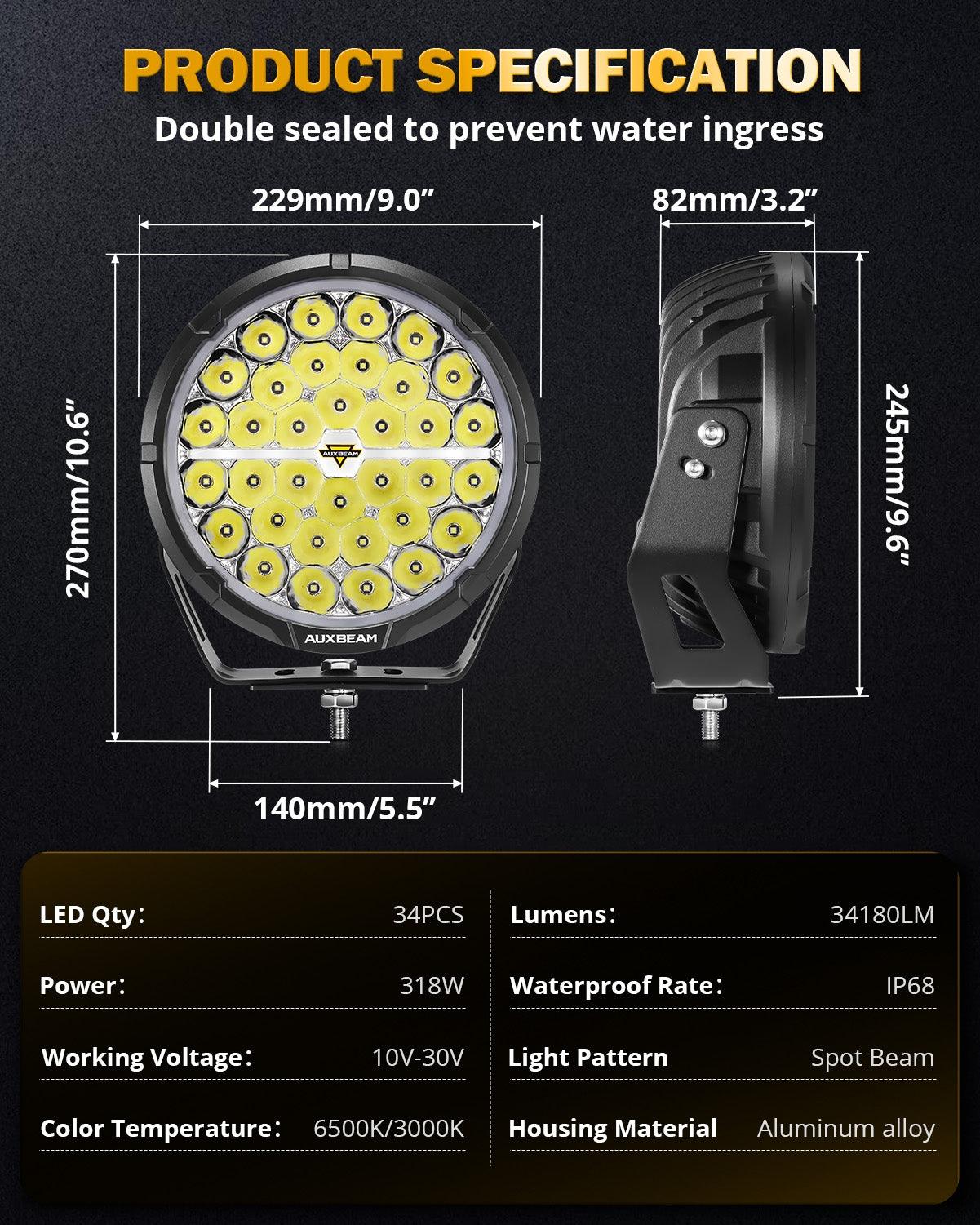 Auxbeam RAY-L Series 9" LED Driving Lights – 318W, 34,180LM, Dual DRL