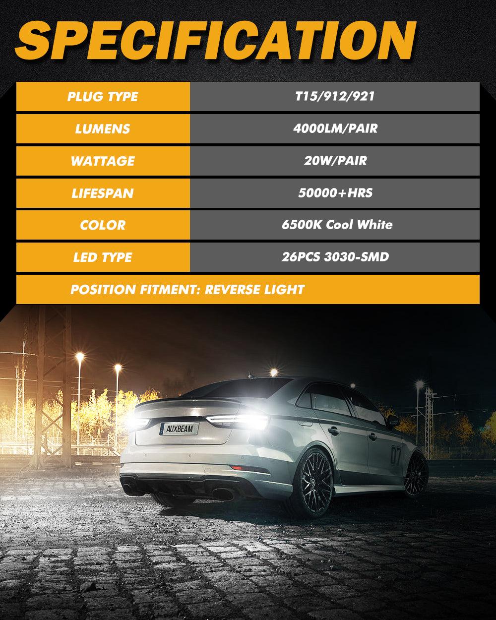 Auxbeam 912 / 921 T15 W16W LED Reverse & Backup Light Bulbs – B3 Series, 20W, 350% Brighter, 6500K White, CAN-Bus Error-Free (2 Pack)