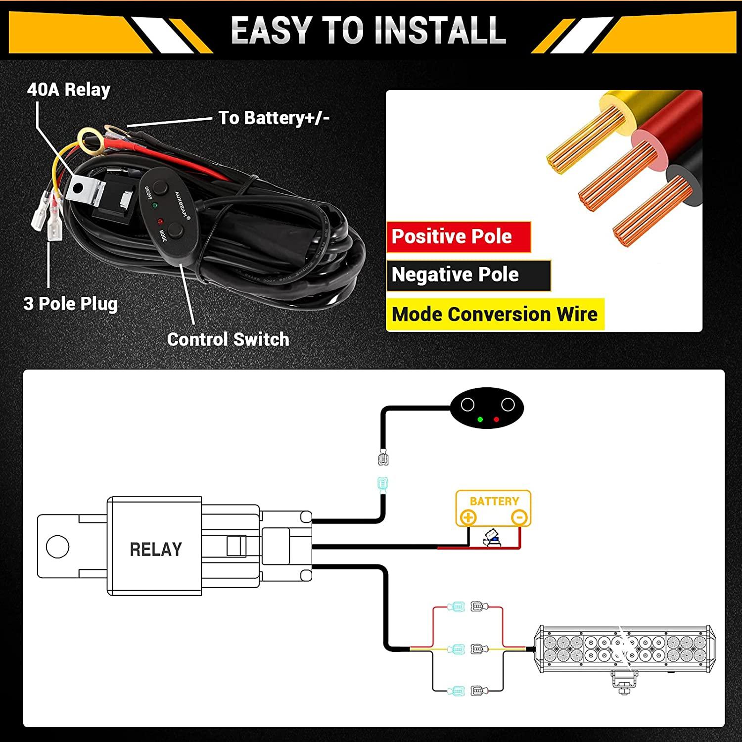 Auxbeam 10FT Wiring Harness – For 6 Mode LED Light Bars, 12V 40A Relay
