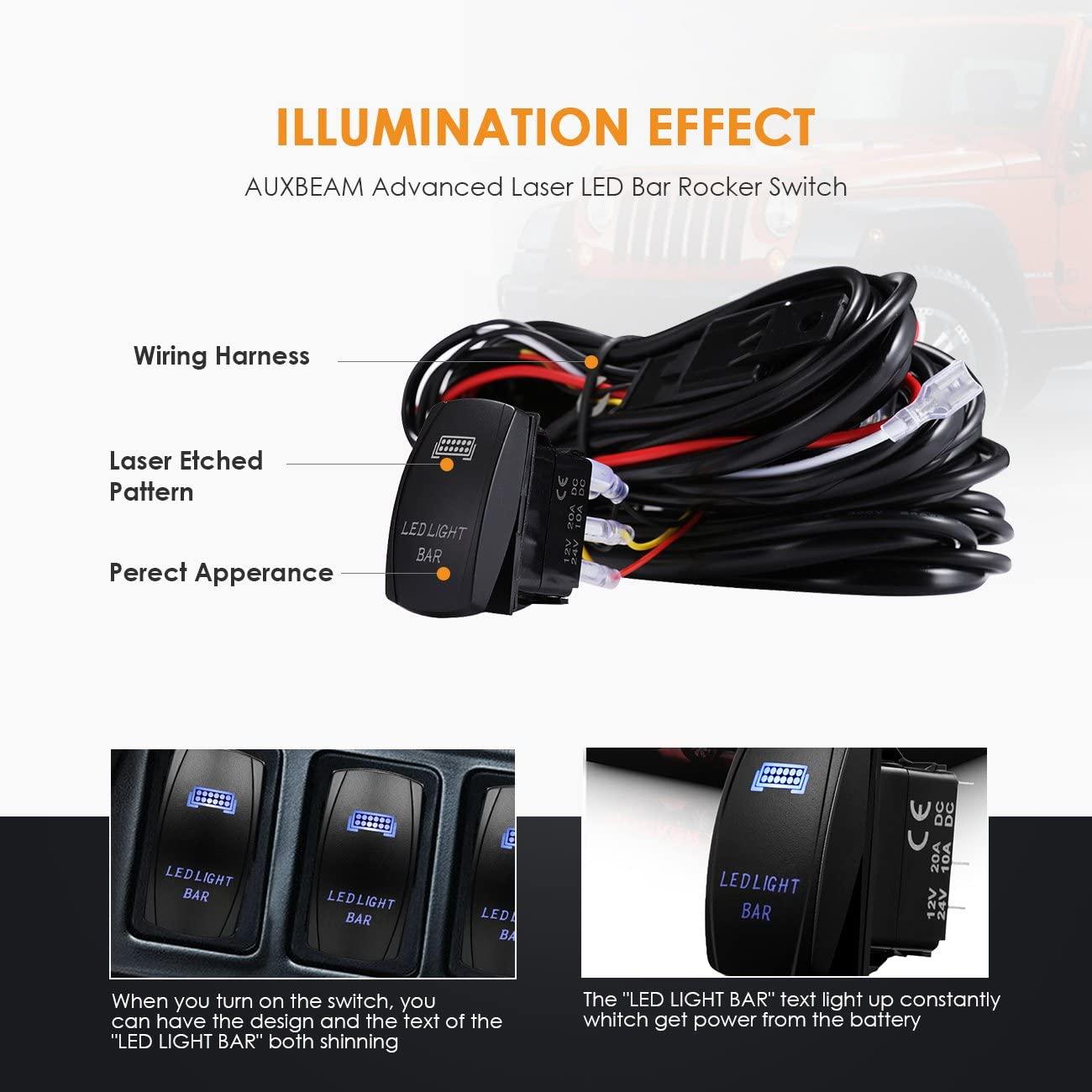 Auxbeam LED Light Bar Rocker Switch Wiring Harness Kit (2 Leads) – Includes 3 Switch Lines, Fuse & Relay