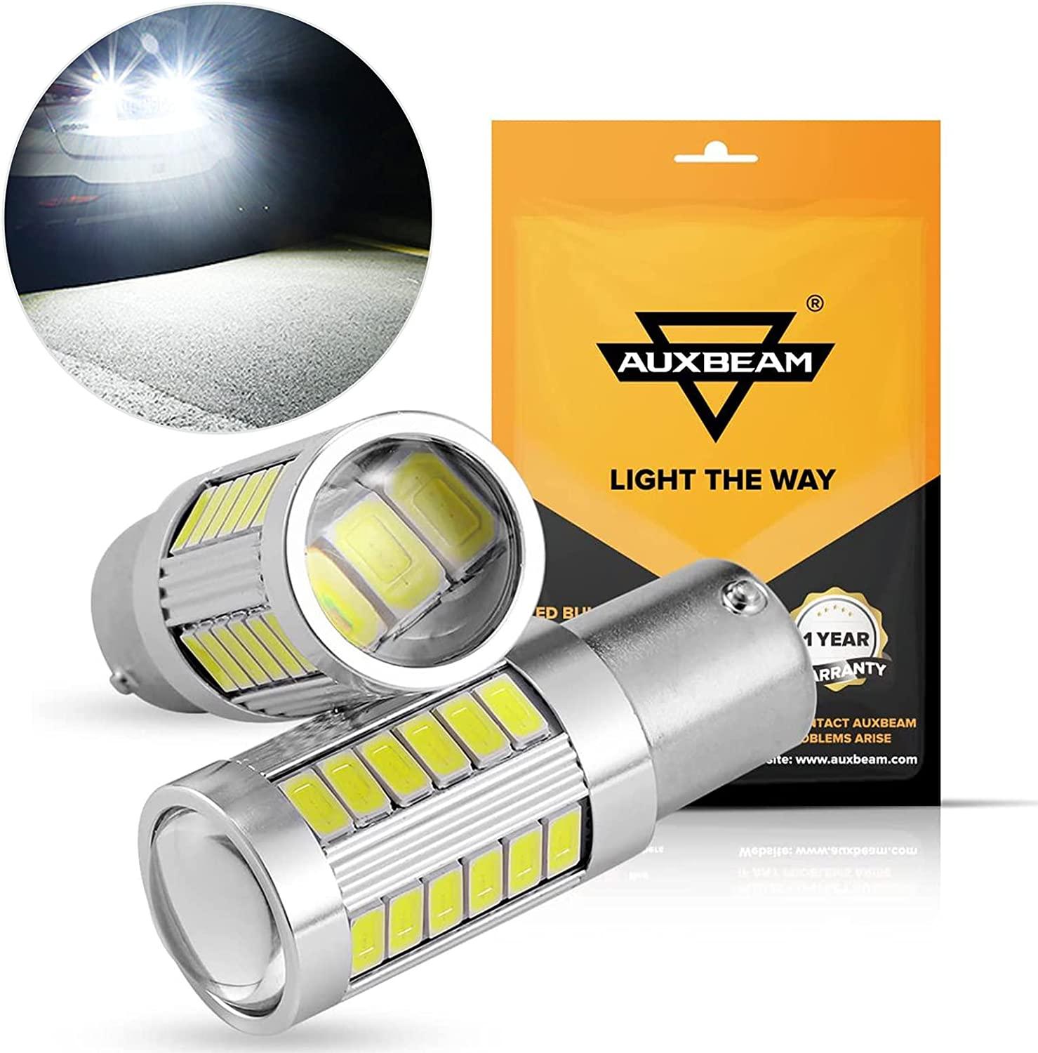 Auxbeam 1156 P21W BA15S LED Bulbs – Brake, Reverse, Parking, Tail & Turn Signal, 50W, 8000LM, 33 Series (Cool White / Amber / Red, 2 Pack)
