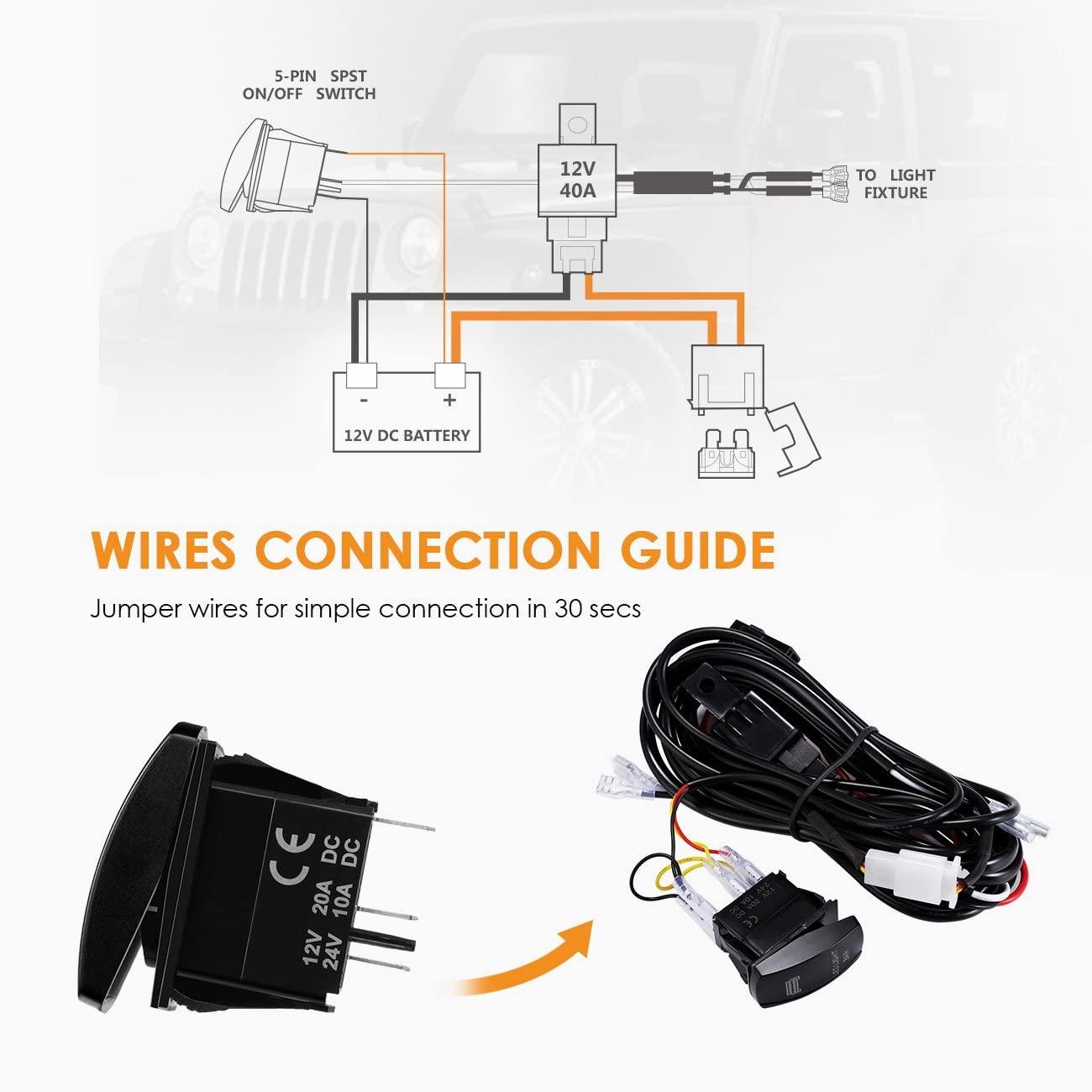 Auxbeam LED Light Bar Rocker Switch Wiring Harness Kit (2 Leads) – Includes 3 Switch Lines, Fuse & Relay