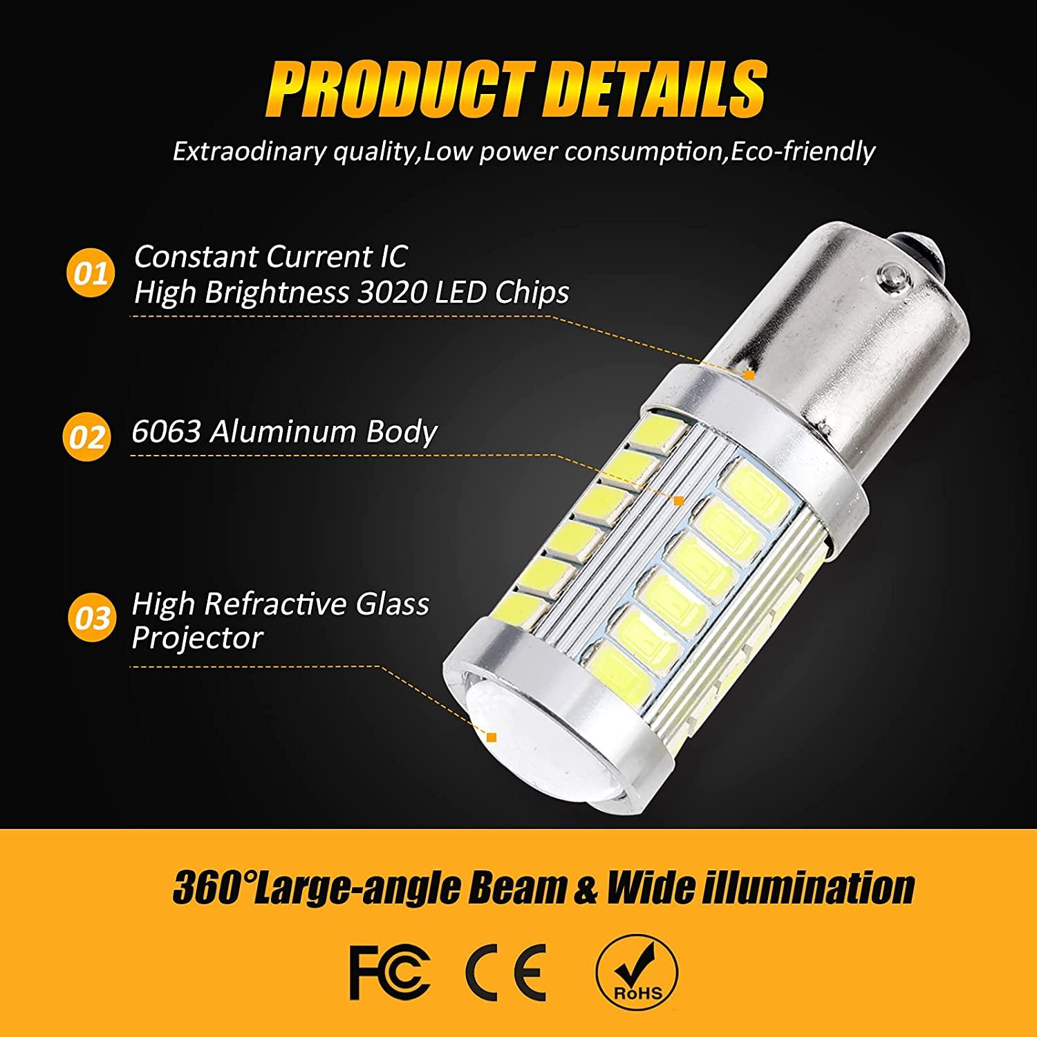 Auxbeam 1156 P21W BA15S LED Bulbs – Brake, Reverse, Parking, Tail & Turn Signal, 50W, 8000LM, 33 Series (Cool White / Amber / Red, 2 Pack)