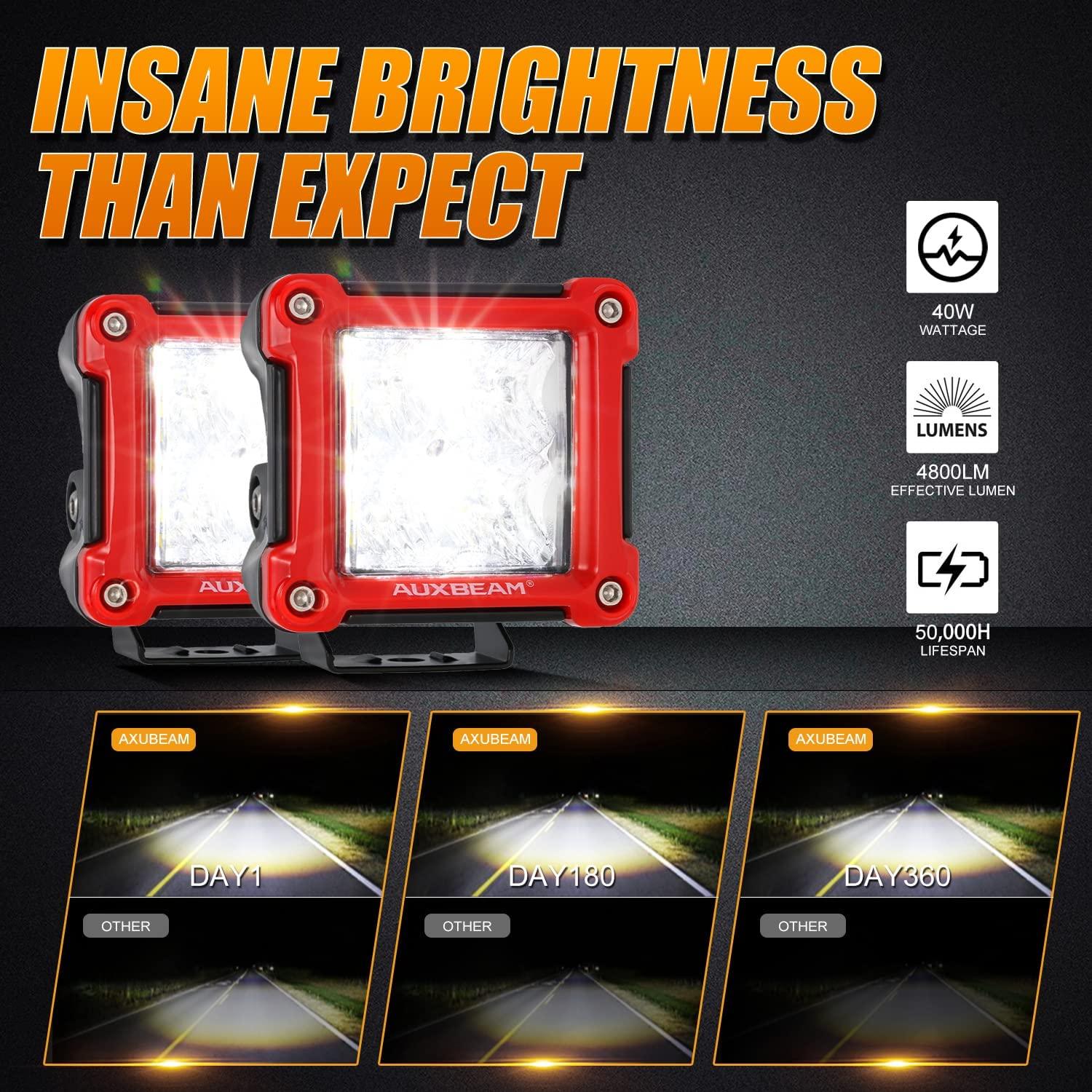 Auxbeam 3" LED Light Pods – 40W, Spot/Flood Beam, Includes Mounting Brackets