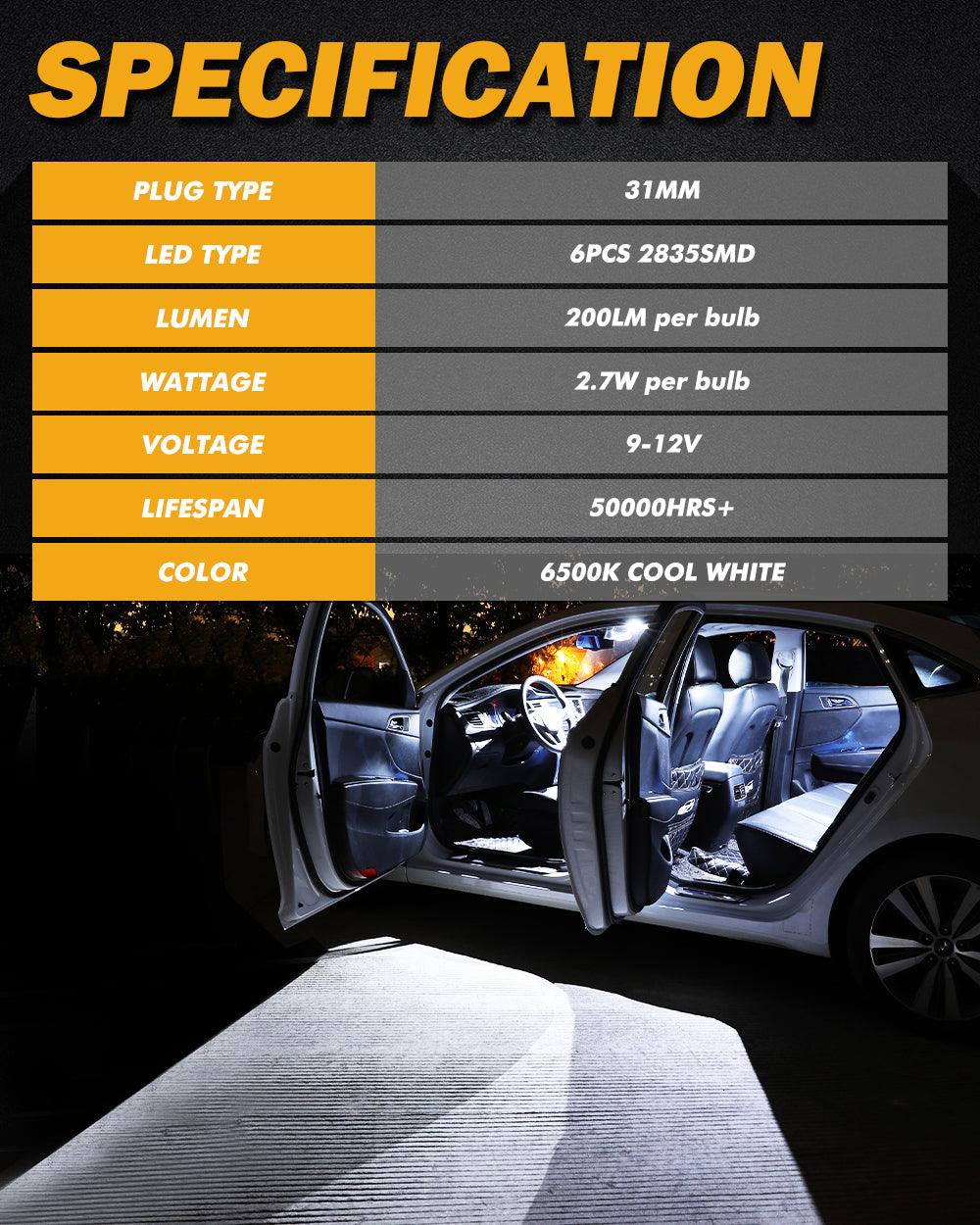 Auxbeam 36mm DE3174 Festoon LED Interior Light Bulbs – 2.7W, 300LM, 6500K White (2 Pack)