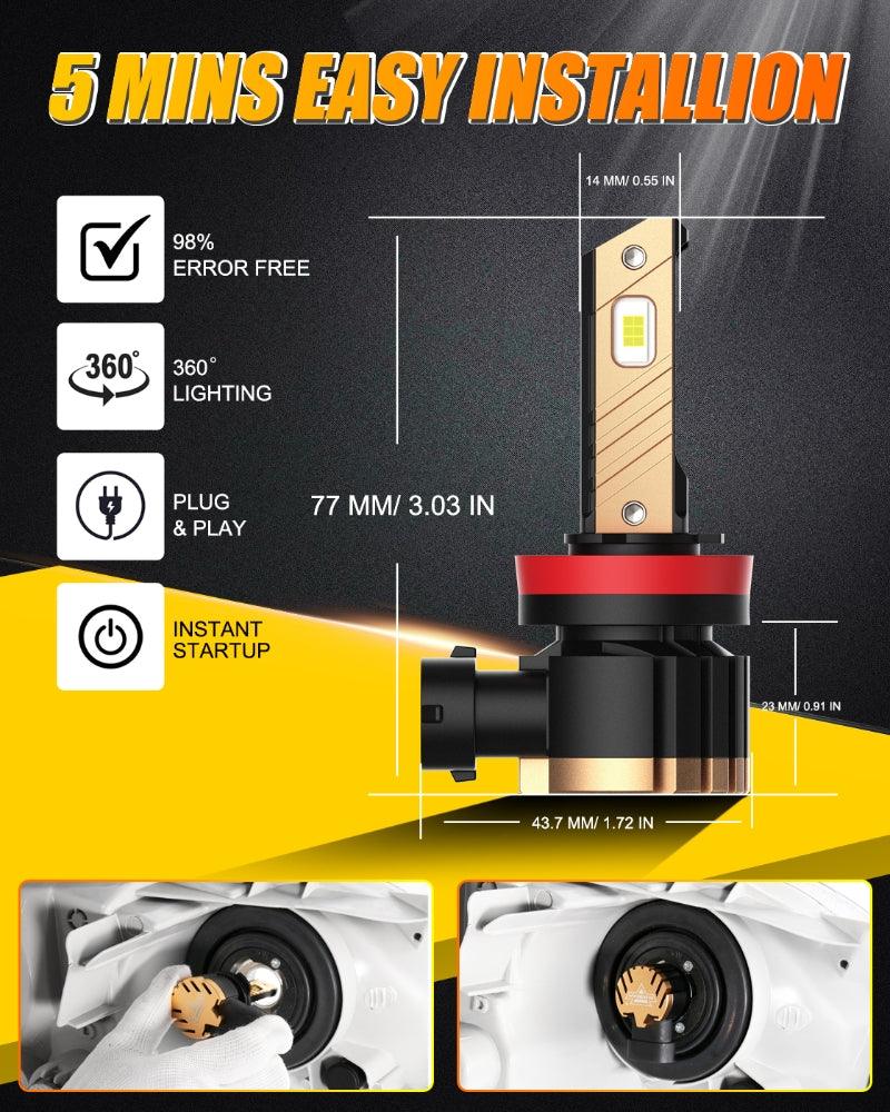 Auxbeam H11 / H9 / H8 / H16JP LED Fog Light & DRL Bulbs – Z3 Series, 44W, 8000LM, 6500K Cool White (2 Pack)