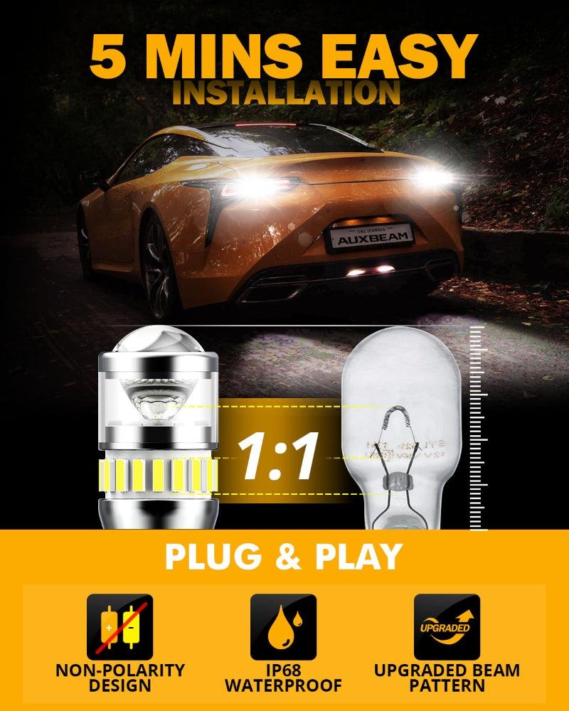 Auxbeam 912 / 921 T15 W16W LED Backup, Brake & Tail Light Bulbs – B1 Series, 10W, 4000LM, 6500K White (2 Pack)