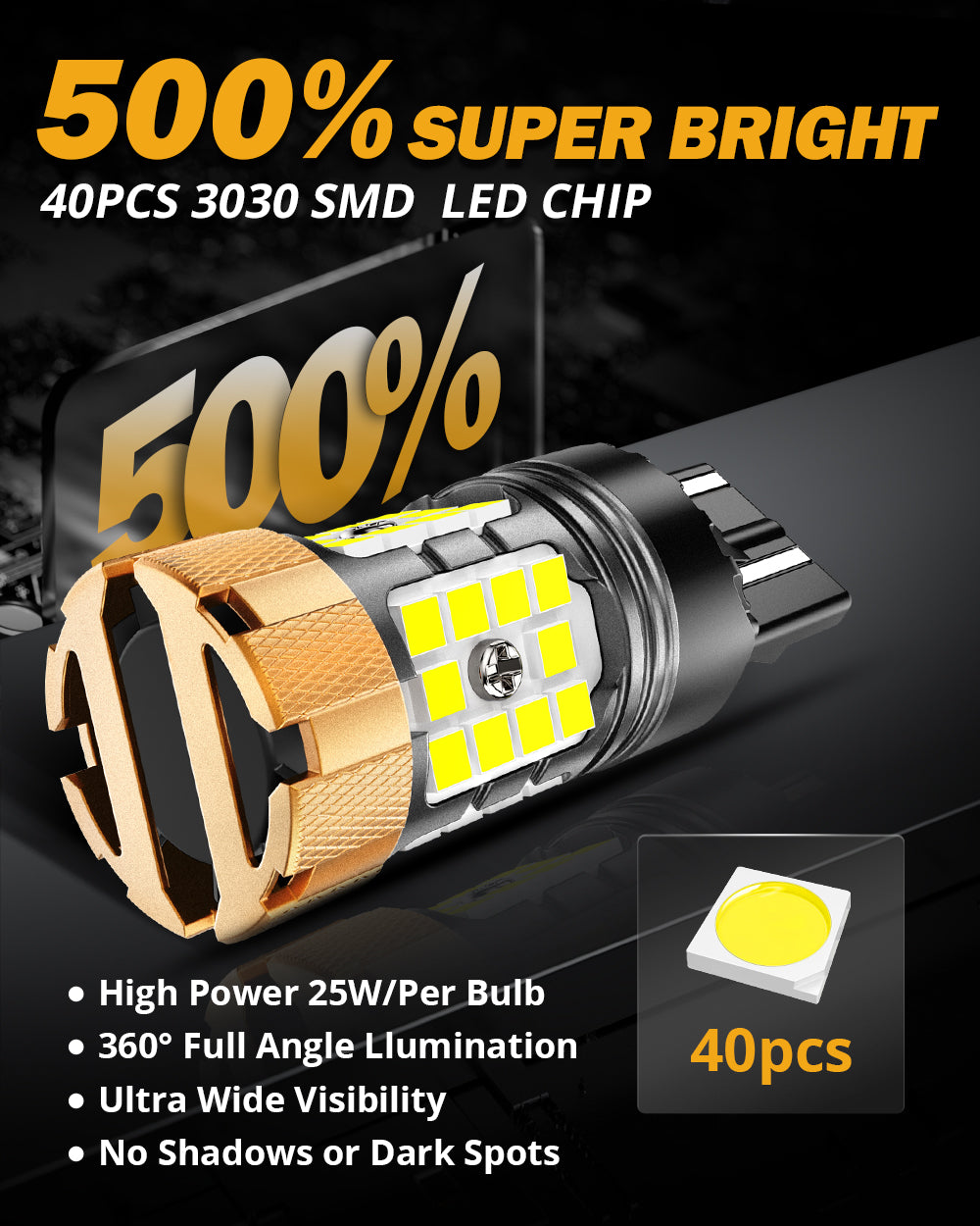 Auxbeam T20 / 7443 / 7440 LED Bulbs – B21-PRO Series, Backup/Reverse/Turn Signal/Brake/Tail Lights, 50W, 4000LM, 6500K White, CAN-Bus Error-Free (2 Pack)