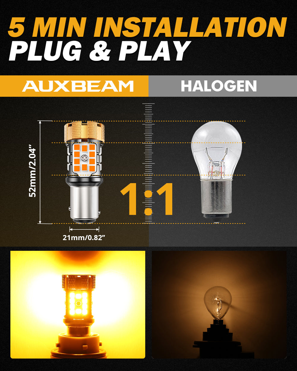 Auxbeam 1157 BAY15D LED Turn Signal Bulbs – B21-PRO Series, Front/Rear & Side Marker Lights, 50W, 4000LM, 3000K Amber, CAN-Bus Error-Free (2 Pack)