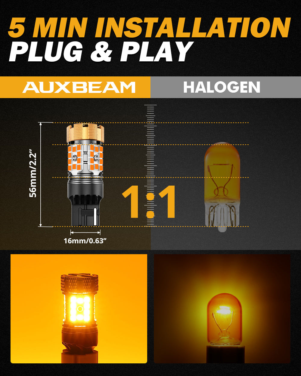 Auxbeam 7440 / 7440A LED Turn Signal Bulbs – B21-PRO Series, Front/Rear & Side Marker Lights, 50W, 4000LM, 3000K Amber, CAN-Bus Error-Free (2 Pack)