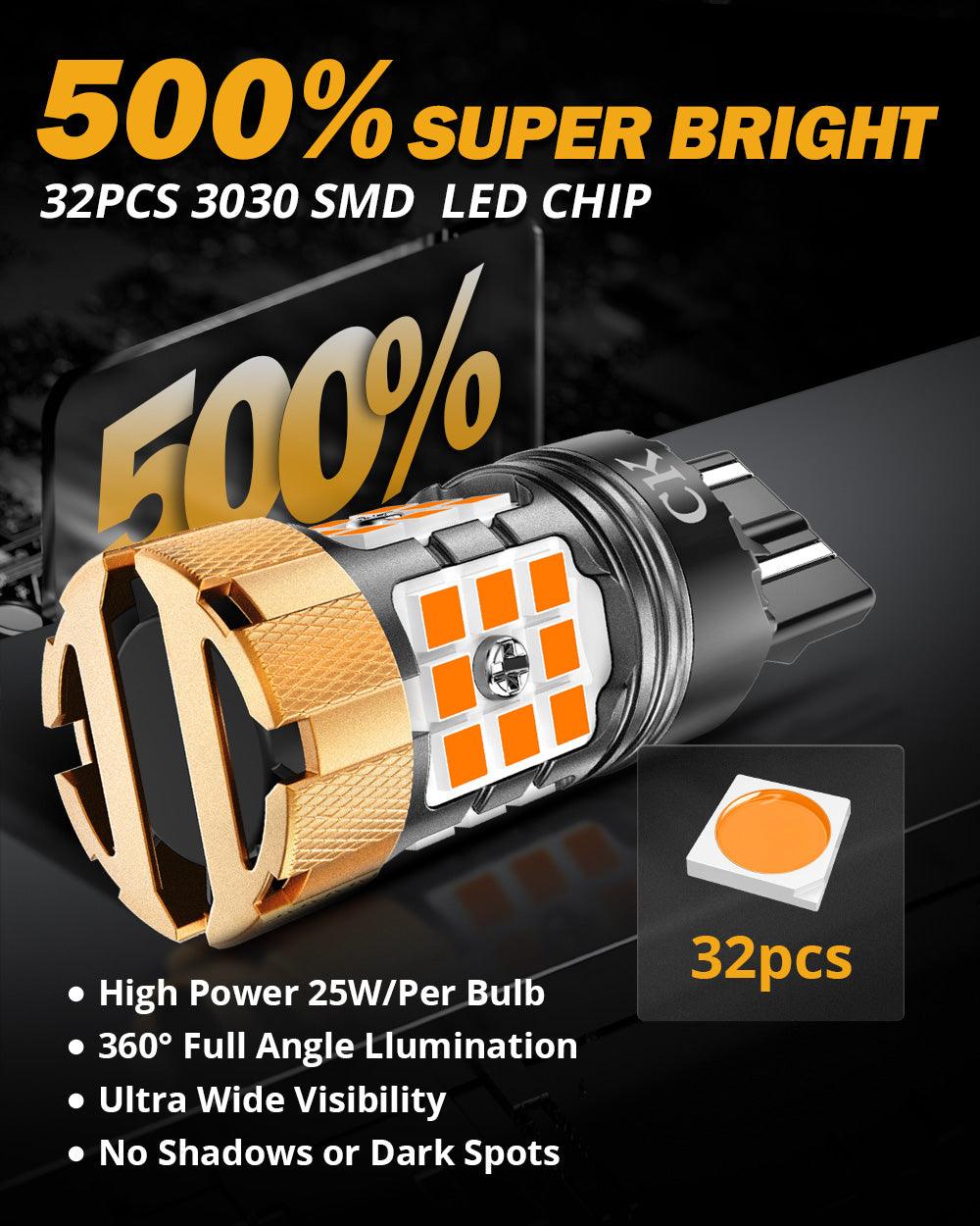 Auxbeam 7443 US-CK LED Turn Signal Bulbs – B21-PRO Series, Front/Rear & Side Marker Lights, 50W, 4000LM, 3000K Amber, CAN-Bus Error-Free (2 Pack)