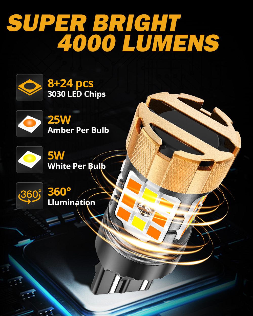 Auxbeam T20 / 7443 LED Turn Signal & DRL Bulbs – B21-PRO Series, 50W, 4000LM, Switchback White & Amber, CAN-Bus Error-Free (2 Pack)