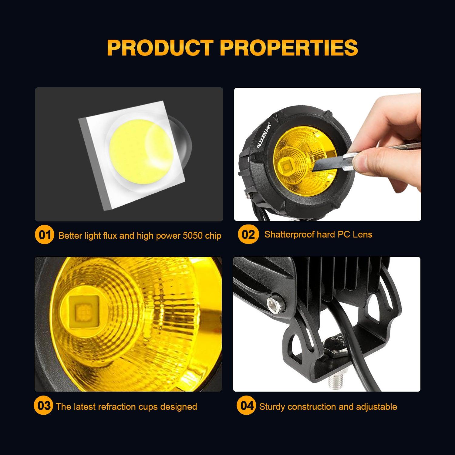 Auxbeam 3.5" 50W LED Driving Lights – Round/Square Combo Beam, White/Yellow, with Wiring Harness for SUV, ATV, UTV, Trucks, Pickup & Boat
