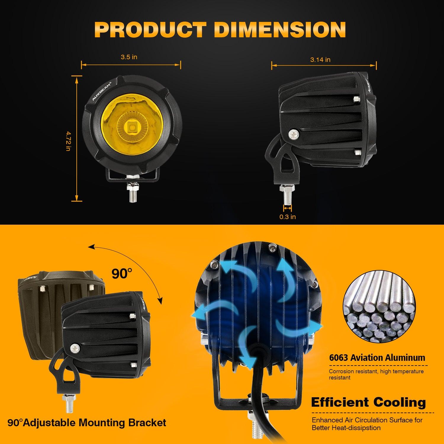 Auxbeam 3.5" 50W LED Driving Lights – Round/Square Combo Beam, White/Yellow, with Wiring Harness for SUV, ATV, UTV, Trucks, Pickup & Boat