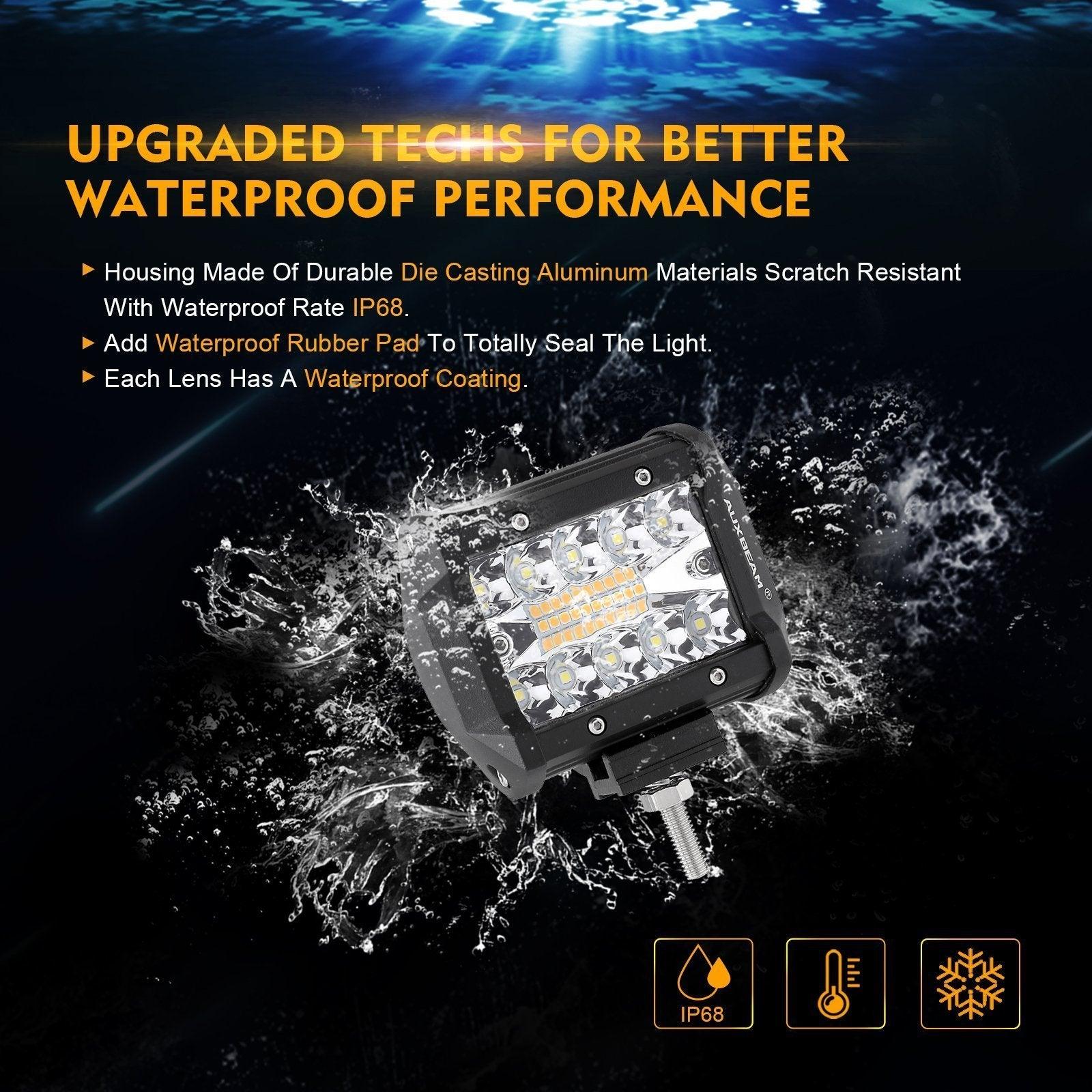 Auxbeam 4" LED Light Pods – White & Amber, 6 Modes, Wiring Harness Included (2-Pack)
