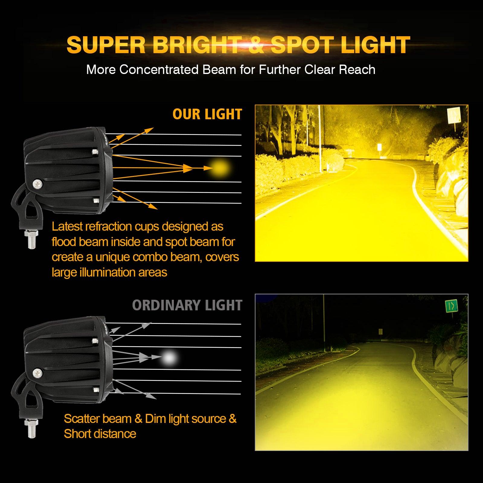 Auxbeam 3.5" 50W LED Driving Lights – Round/Square Combo Beam, White/Yellow, with Wiring Harness for SUV, ATV, UTV, Trucks, Pickup & Boat